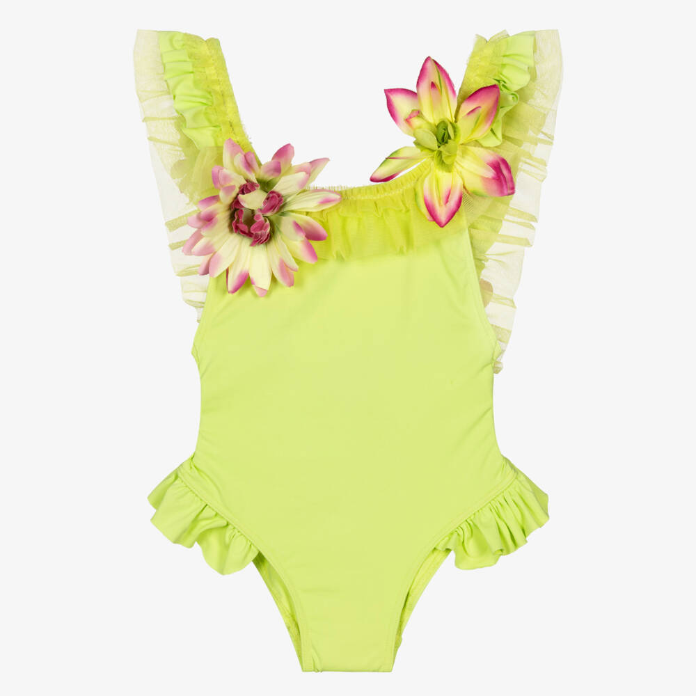 Selini Action-Girls Lime Green Swimsuit with Ruffles & Flowers | Childrensalon