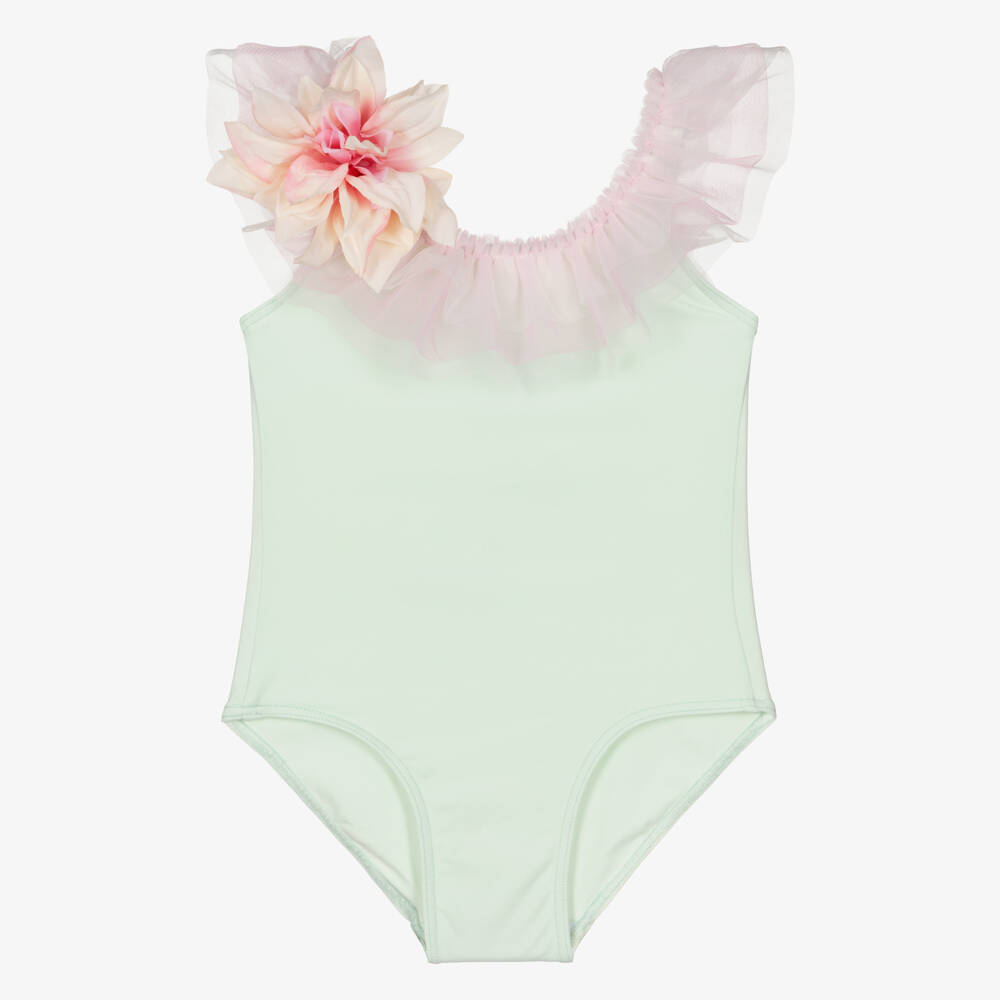 Selini Action-Girls Pastel Green Tulle Ruffle & Flower Swimsuit | Childrensalon