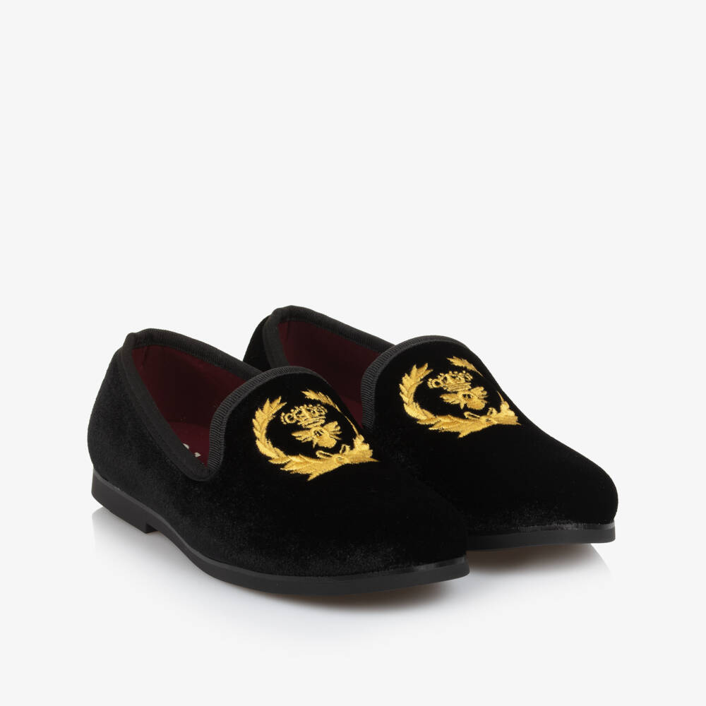 Sevva-Boys Black Velvet Crest Loafers | Childrensalon