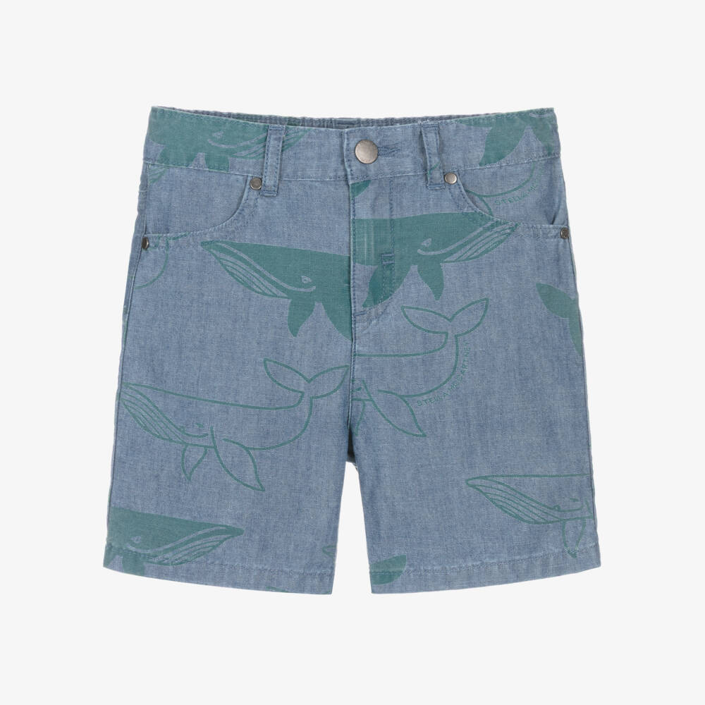 Stella McCartney Kids-Boys Blue Cotton Chambray Shorts with Green Whale Print | Childrensalon