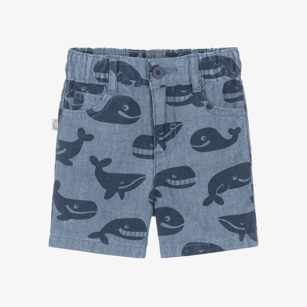 Stella McCartney Kids-Boys Blue Cotton Chambray Shorts with Whale Print | Childrensalon