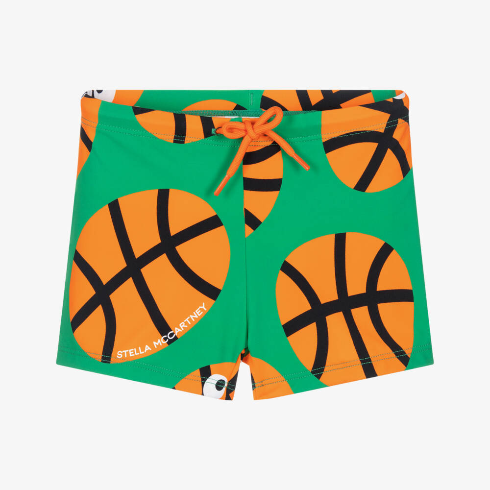 Stella McCartney Kids-Boys Green & Orange Basketball Print Swim Shorts (UPF50+) | Childrensalon