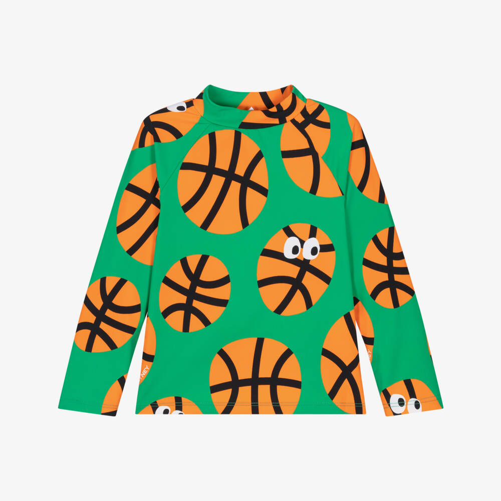 Stella McCartney Kids-Boys Green & Orange Basketball Print Swim Top (UPF50+) | Childrensalon