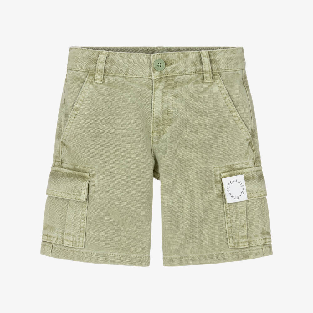 Stella McCartney Kids-Boys Green Washed Effect Cotton Cargo Shorts | Childrensalon