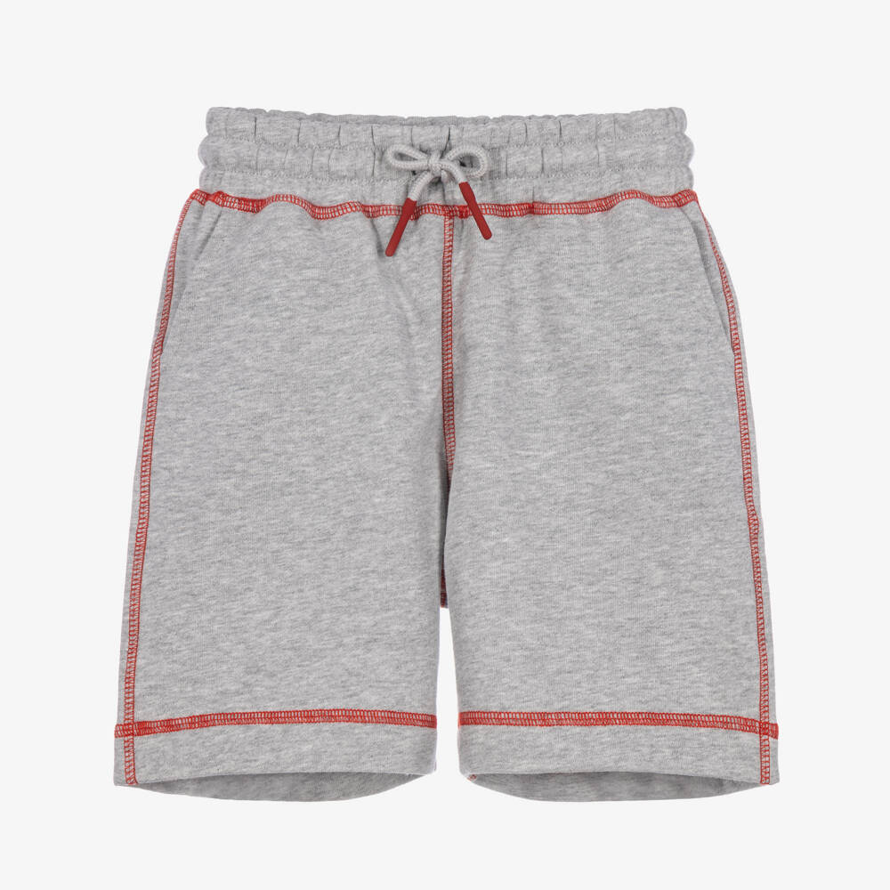 Stella McCartney Kids-Boys Grey Marl Cotton Shorts with Red Stitched Trim | Childrensalon
