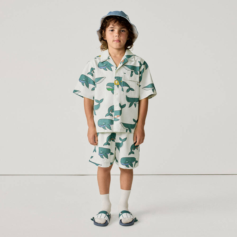 Stella McCartney Kids-Boys Ivory & Blue Whale Print Shorts | Childrensalon