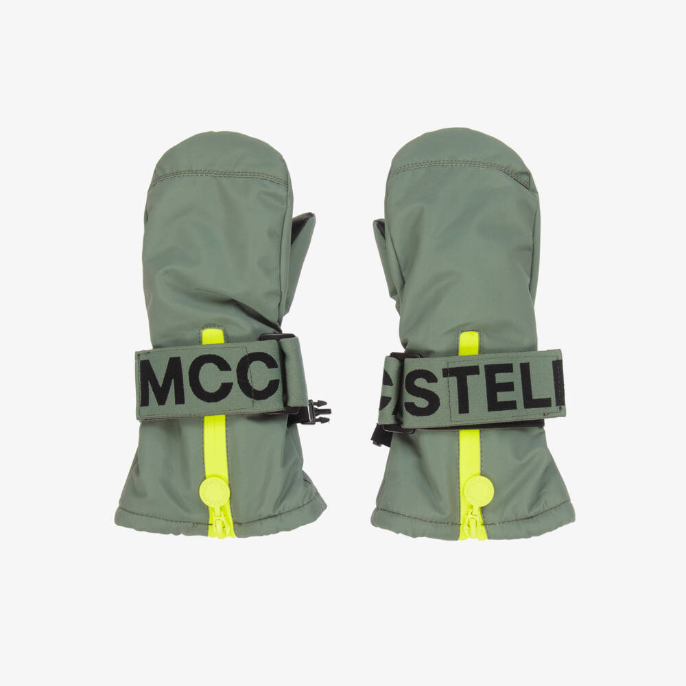 Stella McCartney Kids-Boys Khaki Green Ski Mittens With Logo Straps | Childrensalon