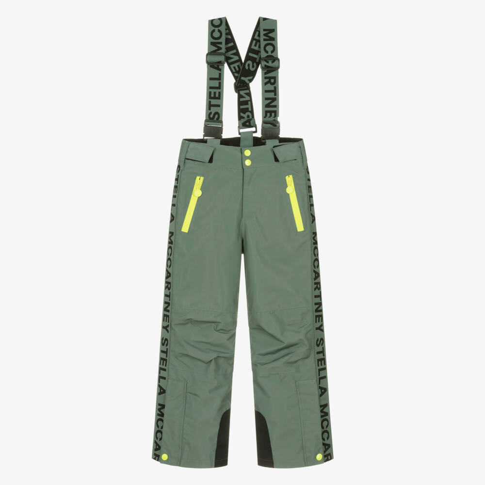 Stella McCartney Kids-Boys Khaki Green Ski Trousers With Neon Yellow Detailing | Childrensalon