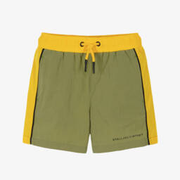 Stella McCartney Kids-Boys Olive Green & Bright Yellow Colourblock Shorts | Childrensalon