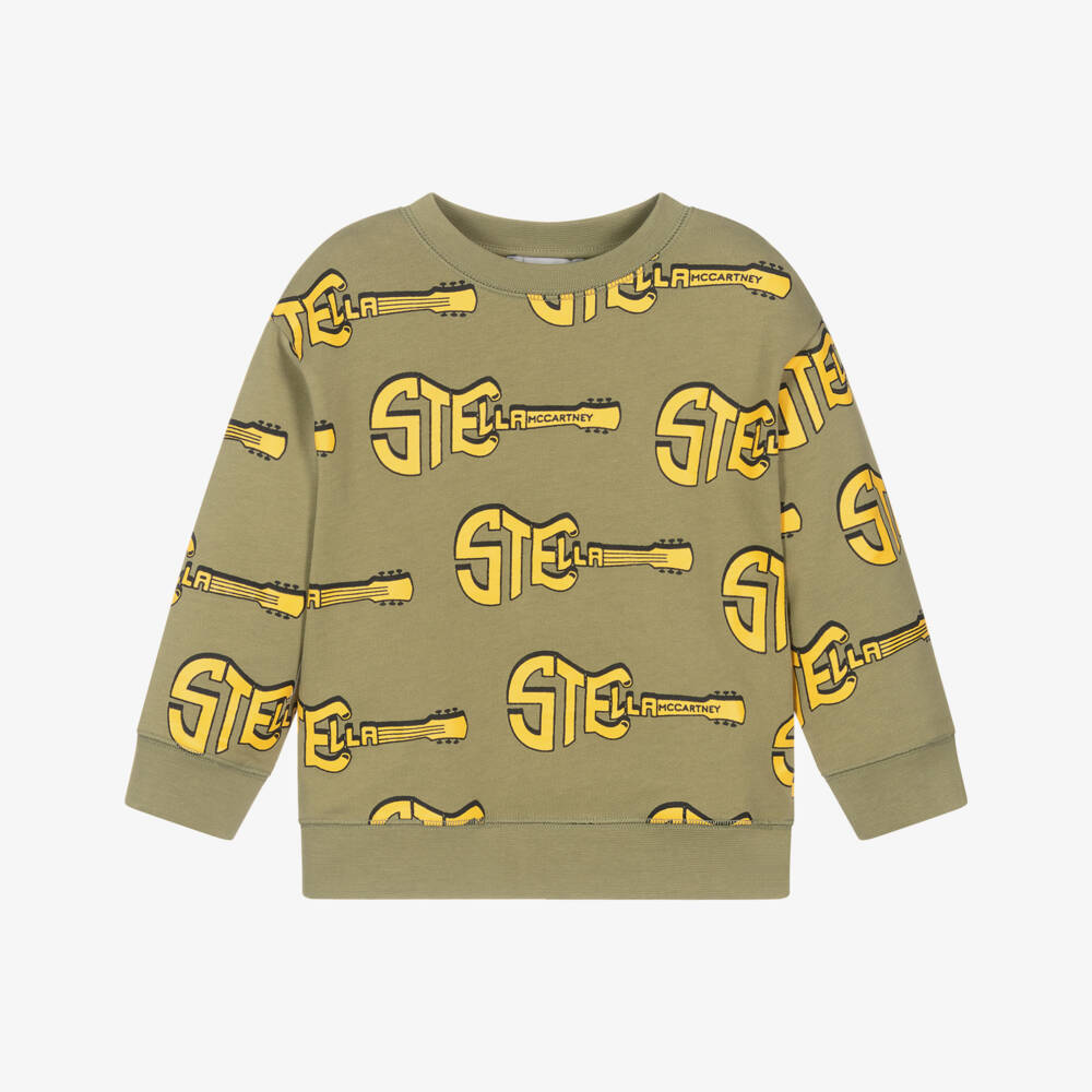 Stella McCartney Kids-Boys Olive Green Cotton Sweatshirt with Yellow Logo Guitars | Childrensalon