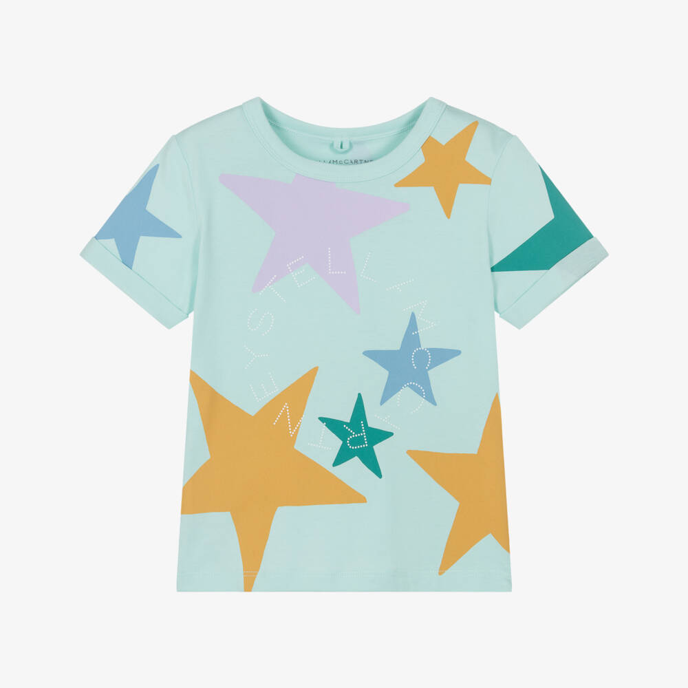 Stella McCartney Kids-Girls Aqua Blue Star Print Cotton T-Shirt | Childrensalon