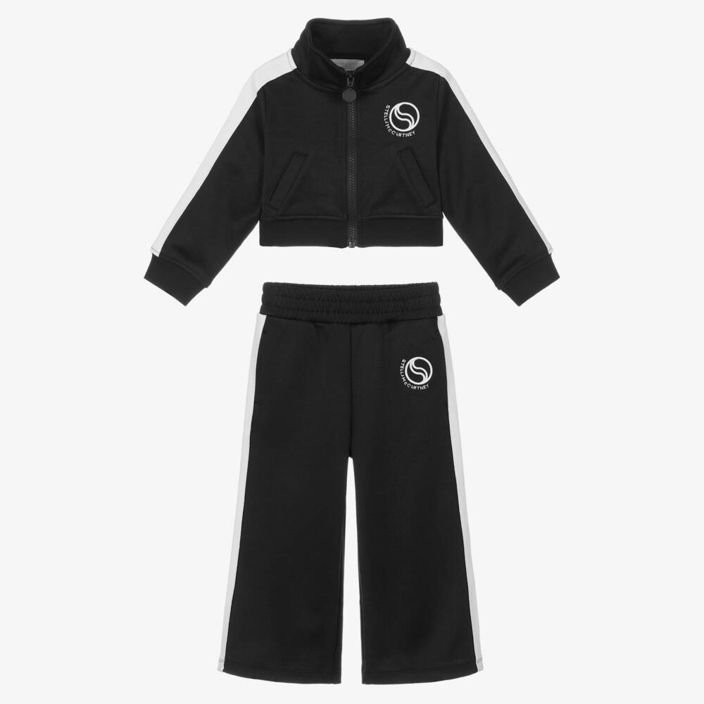 Stella McCartney Kids-Girls Black Tracksuit with White Logos & Trims | Childrensalon