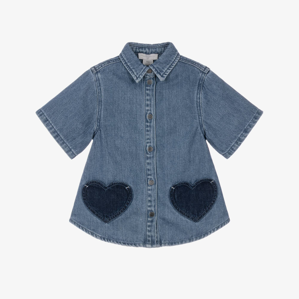 Stella McCartney Kids-Girls Blue Denim Dress with Heart Pockets | Childrensalon