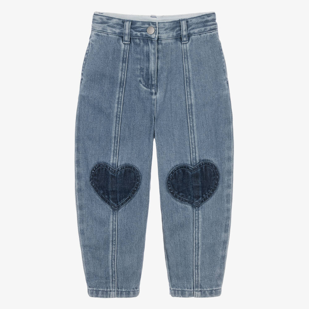 Stella McCartney Kids-Girls Blue Denim Jeans with Heart Motifs | Childrensalon