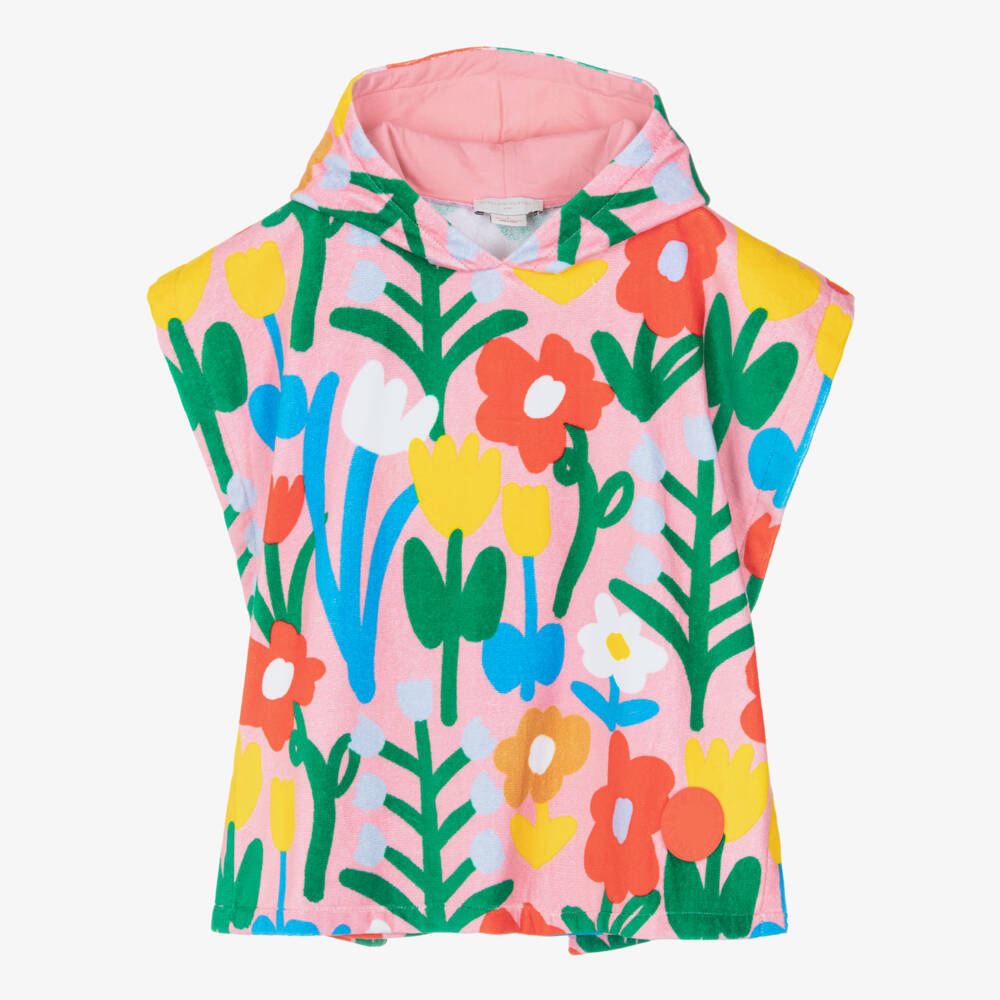 Stella McCartney Kids-Girls Pink Cotton Poncho Towel with Colourful Flower Print | Childrensalon