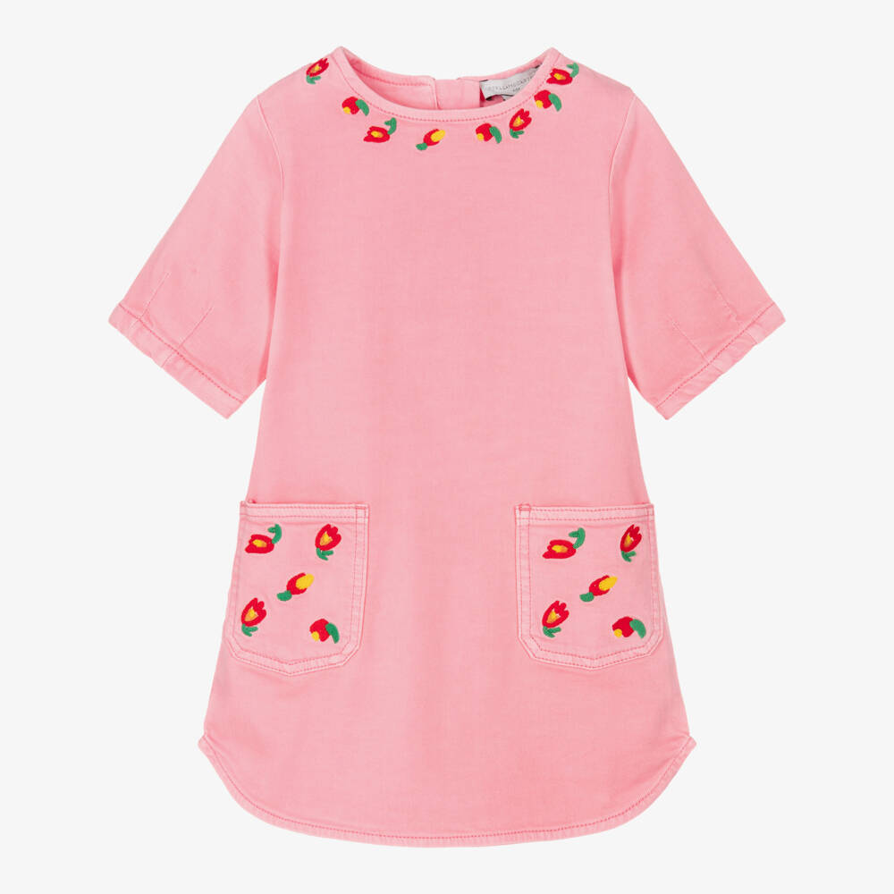 Stella McCartney Kids-Girls Pink Denim Dress with Flower Embroidery | Childrensalon