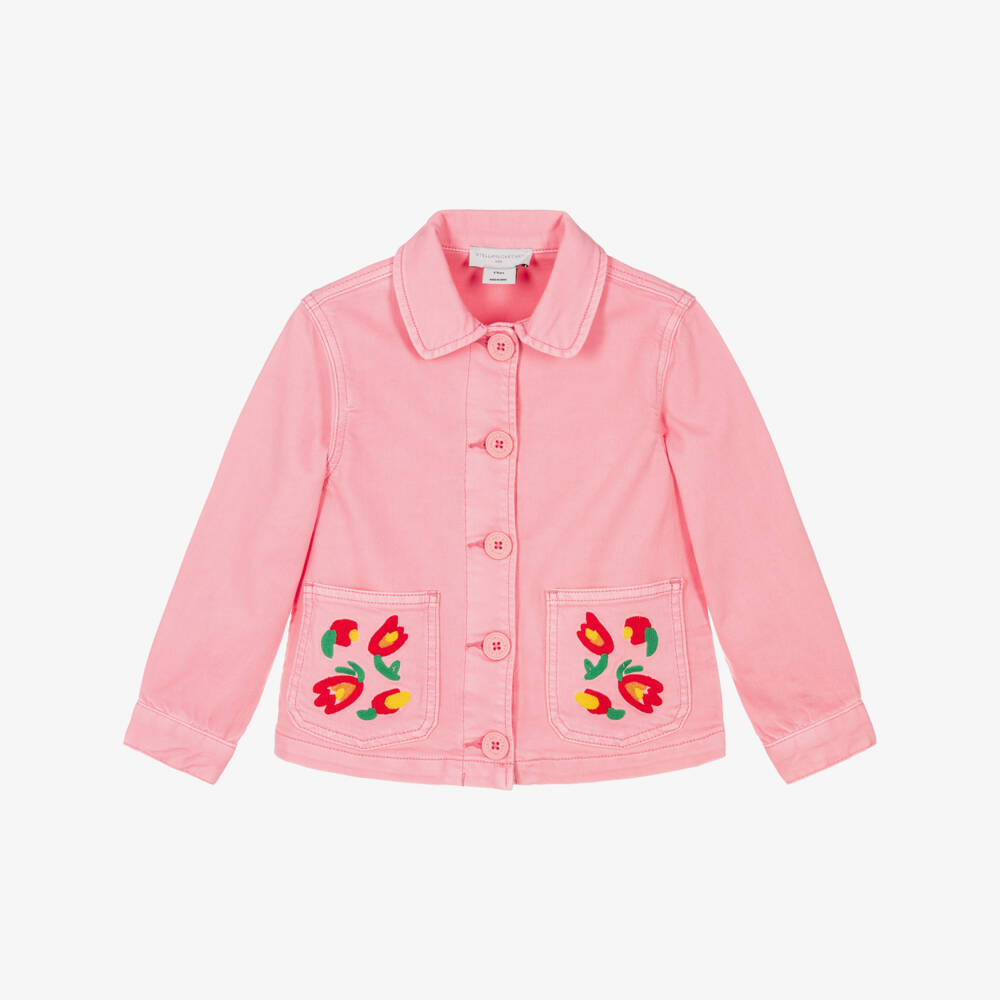 Stella McCartney Kids-Girls Pink Denim Jacket with Embroidered Pocket | Childrensalon