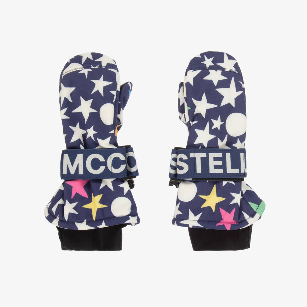 Stella McCartney Kids-Navy Blue & Ivory Star Print Ski Mittens | Childrensalon