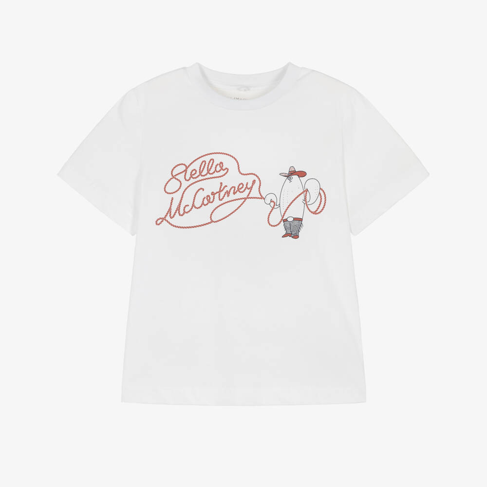 Stella McCartney Kids-White Lasso Logo T-Shirt | Childrensalon