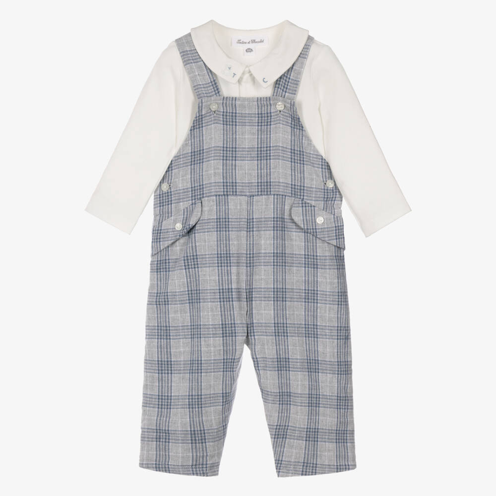 Tartine et Chocolat-Baby Boys Grey & Blue Check Dungaree Set | Childrensalon
