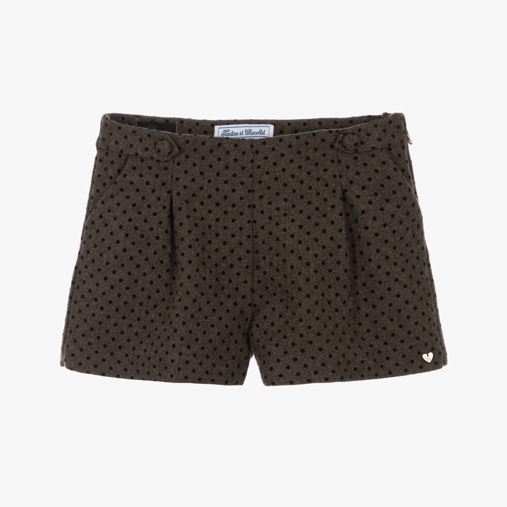 Tartine et Chocolat-Girls Brown Flocked Polka Dot Shorts | Childrensalon