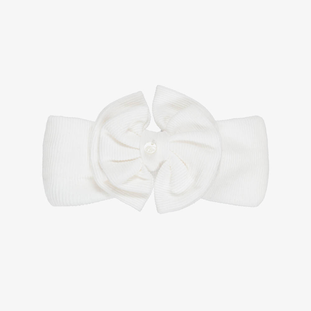 Tartine et Chocolat-Girls Ivory Bow Ribbed Cotton Jersey Headband | Childrensalon