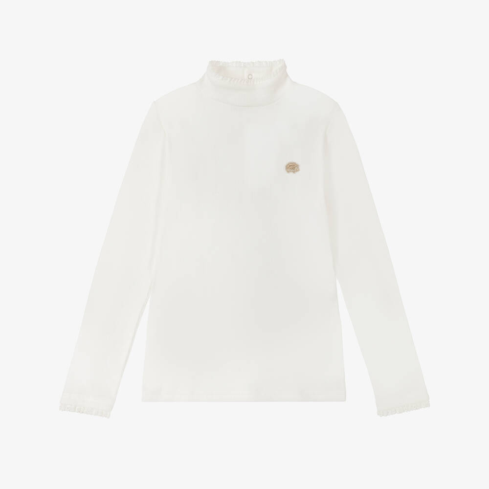 Tartine et Chocolat-Girls Ivory Ribbed Cotton Turtleneck Top | Childrensalon