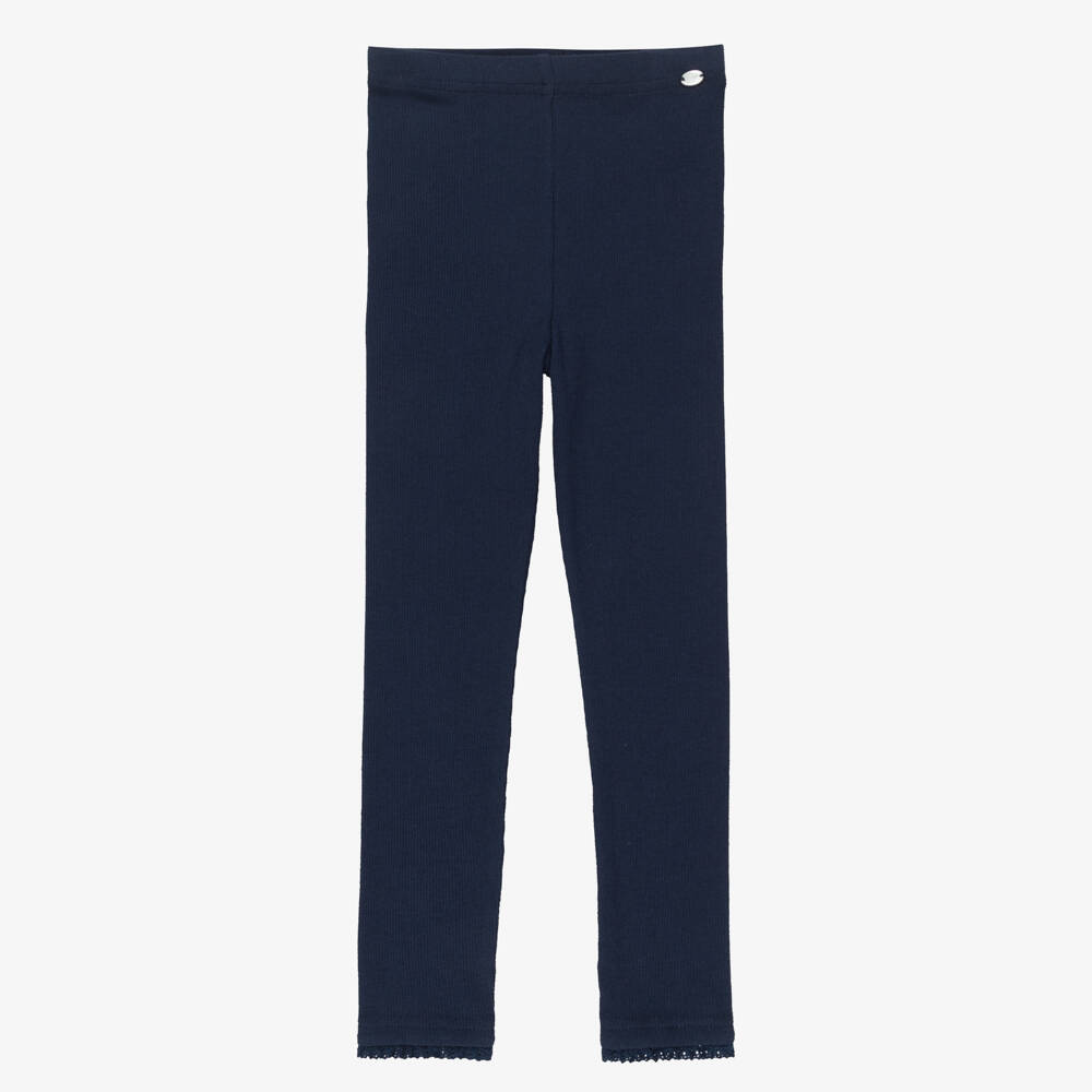 Tartine et Chocolat-Girls Navy Blue Ribbed Cotton Leggings | Childrensalon
