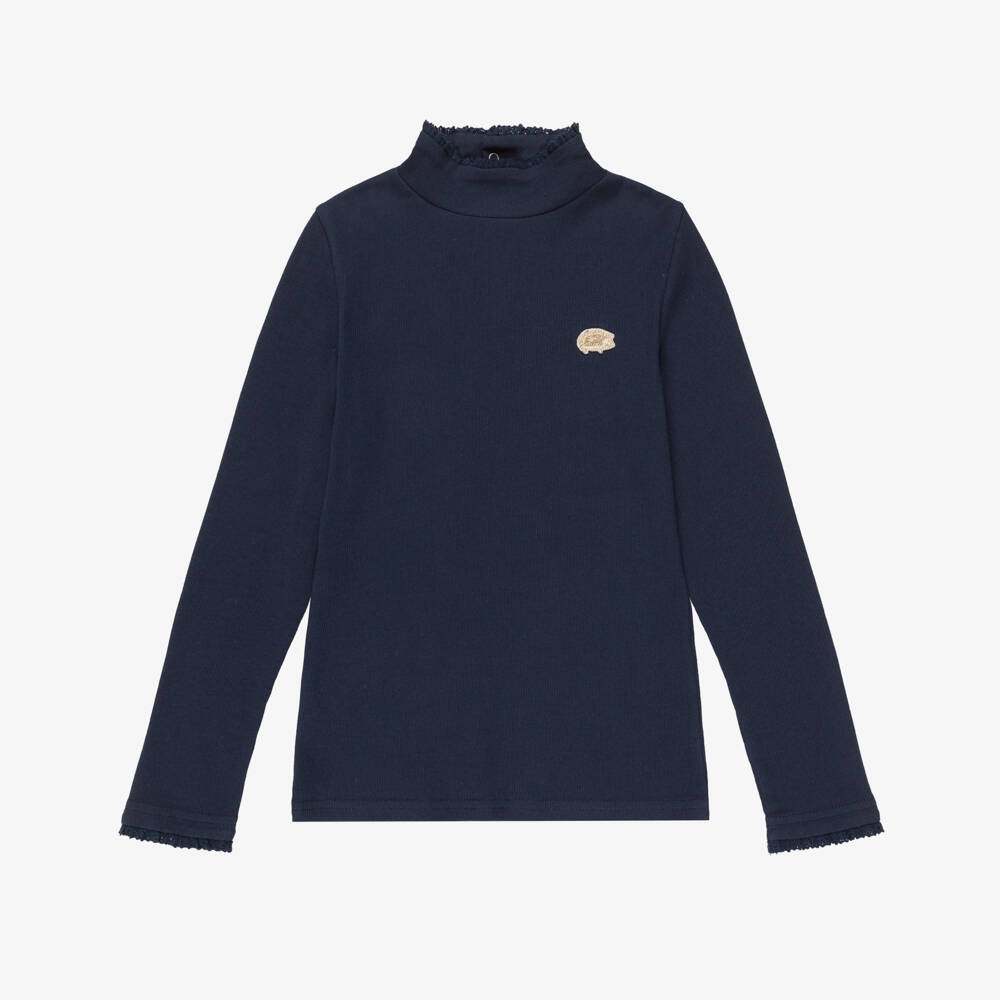Tartine et Chocolat-Girls Navy Blue Ribbed Cotton Turtleneck Top | Childrensalon