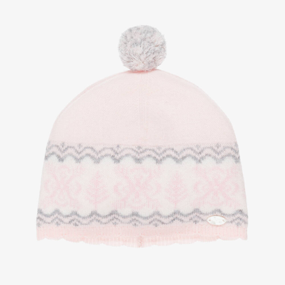 Tartine et Chocolat-Girls Pale Pink Wool Knit Fair Isle Hat | Childrensalon