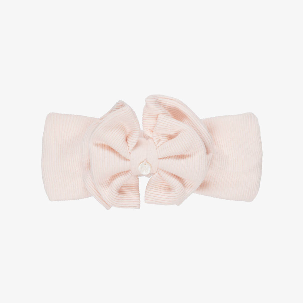 Tartine et Chocolat-Girls Pink Bow Ribbed Cotton Jersey Headband | Childrensalon