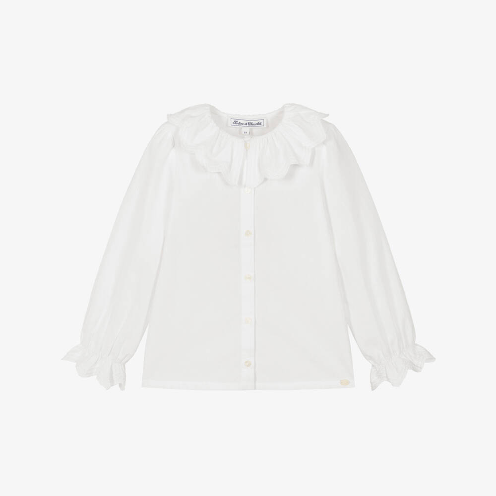 Tartine et Chocolat-Girls White Cotton Blouse with Embroidered Ruffle Collar | Childrensalon