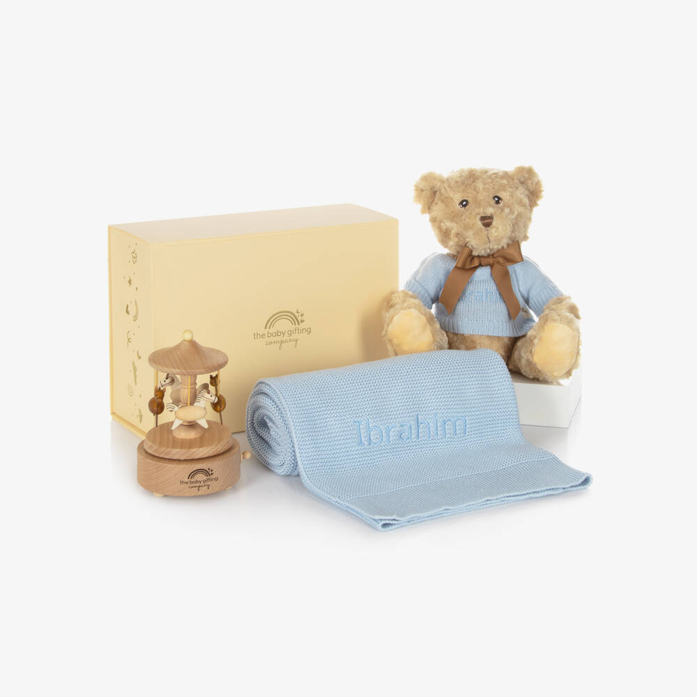 The Baby Gifting Company-Boys Blue Musical Carousel Personalised Baby Gift Set | Childrensalon