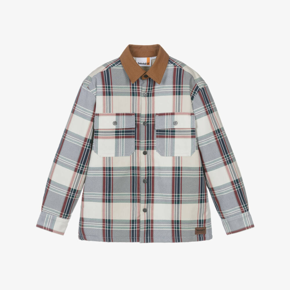 Timberland-Boys Ivory Checked Shacket with Fleece Lining | Childrensalon