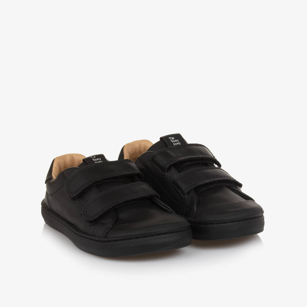 Tip Toey Joey-Boys Black Leather Velcro Trainers | Childrensalon