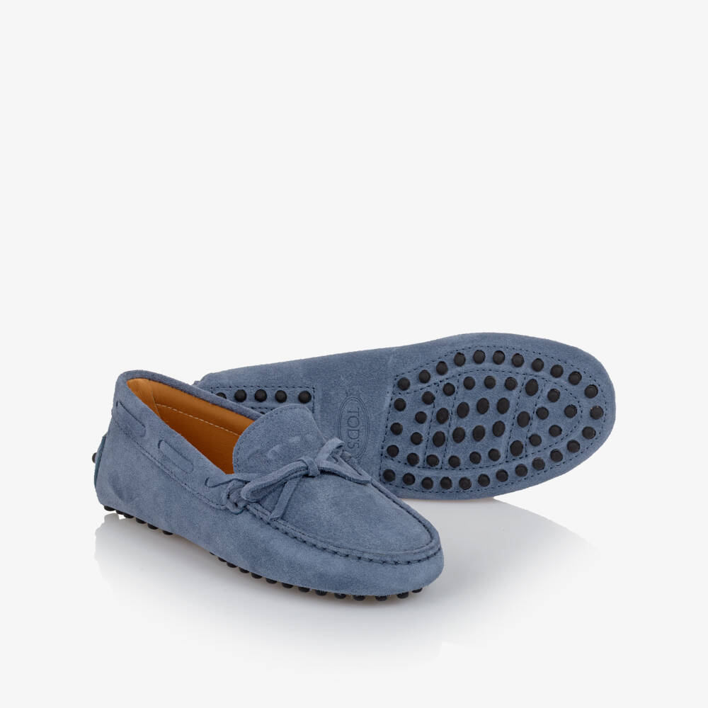 Tod's-Boys Dusty Blue Suede Leather Moccassins | Childrensalon