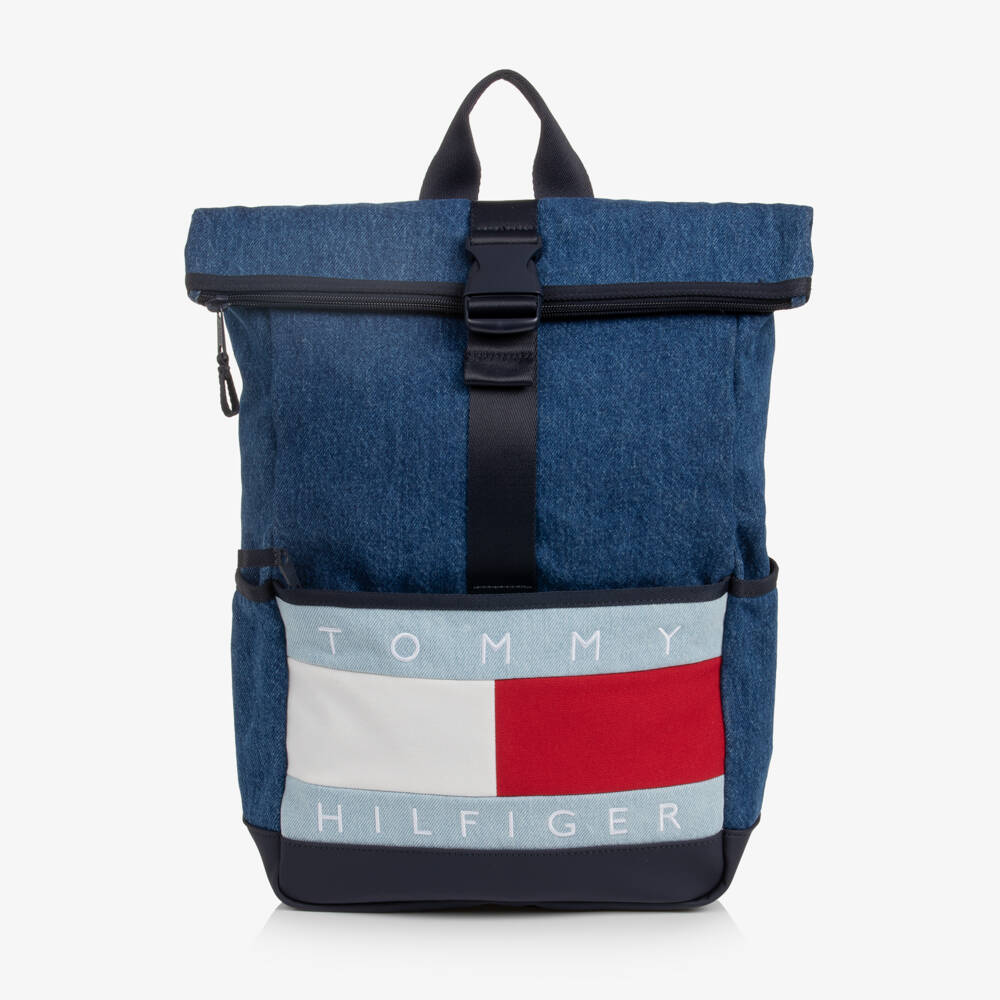 Tommy Hilfiger-Blue Denim Heritage Flag Logo Roll-Top Backpack (39cm) | Childrensalon