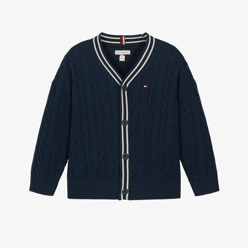 Tommy Hilfiger-Boys Navy Blue Cable Knit Cardigan with White Stripes | Childrensalon