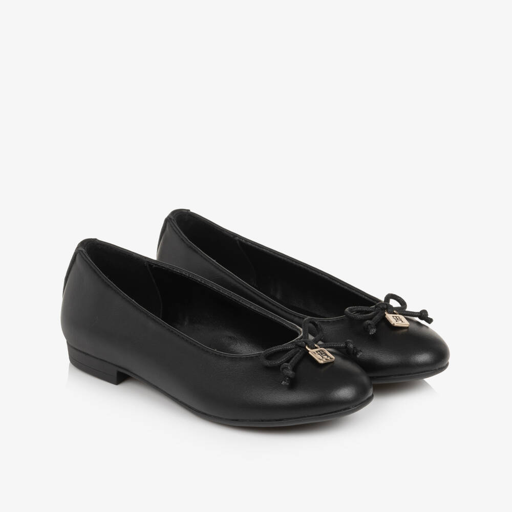 Tommy Hilfiger-Girls Black Ballerina Pumps in Faux Leather | Childrensalon