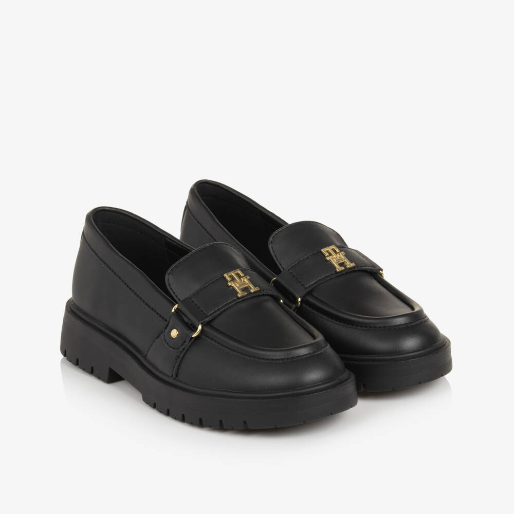 Tommy Hilfiger-Girls Black Slip-On Loafers in Faux Leather | Childrensalon