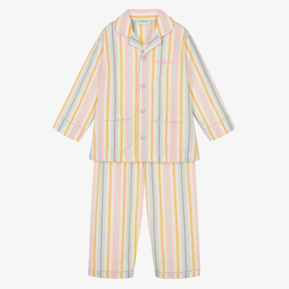 Turquaz-Girls Personalised Pink Striped Cotton Pyjamas | Childrensalon