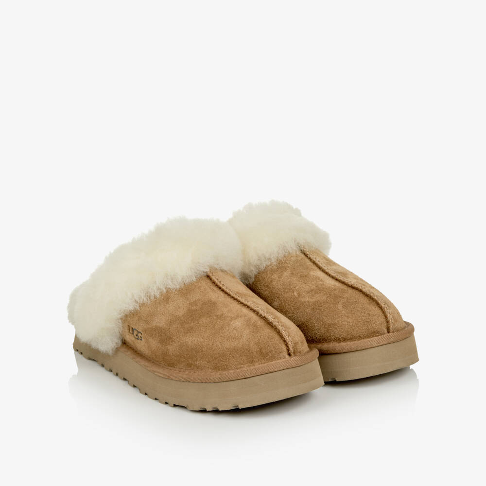 UGG-Girls Chestnut Brown Disquette Slider Slippers | Childrensalon