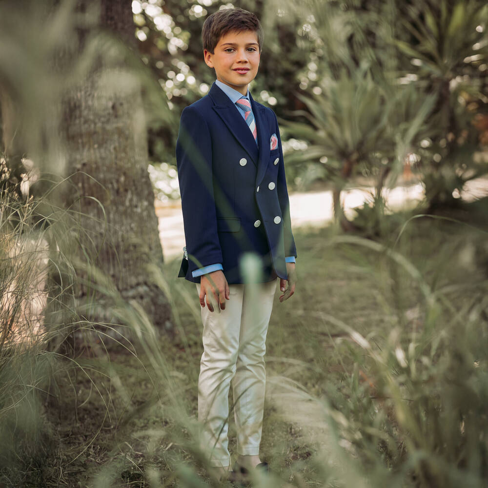 Varones One-Boys Navy Blue & Beige Double Breasted Suit | Childrensalon