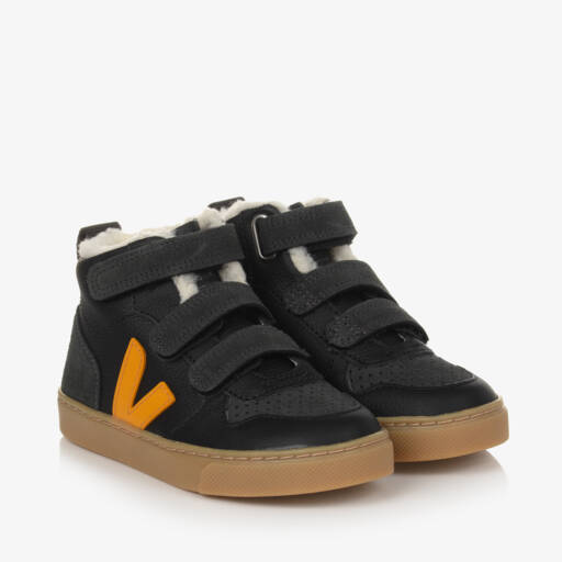 VEJA-Black & Yellow Leather V-10 Trainers | Childrensalon
