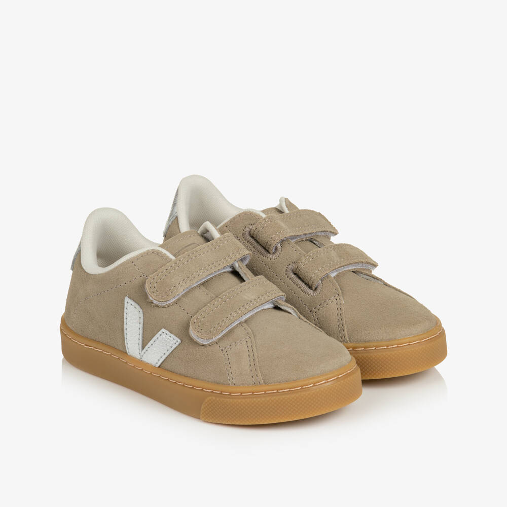VEJA-Girls Taupe Brown & Silver Suede Esplar Trainers | Childrensalon