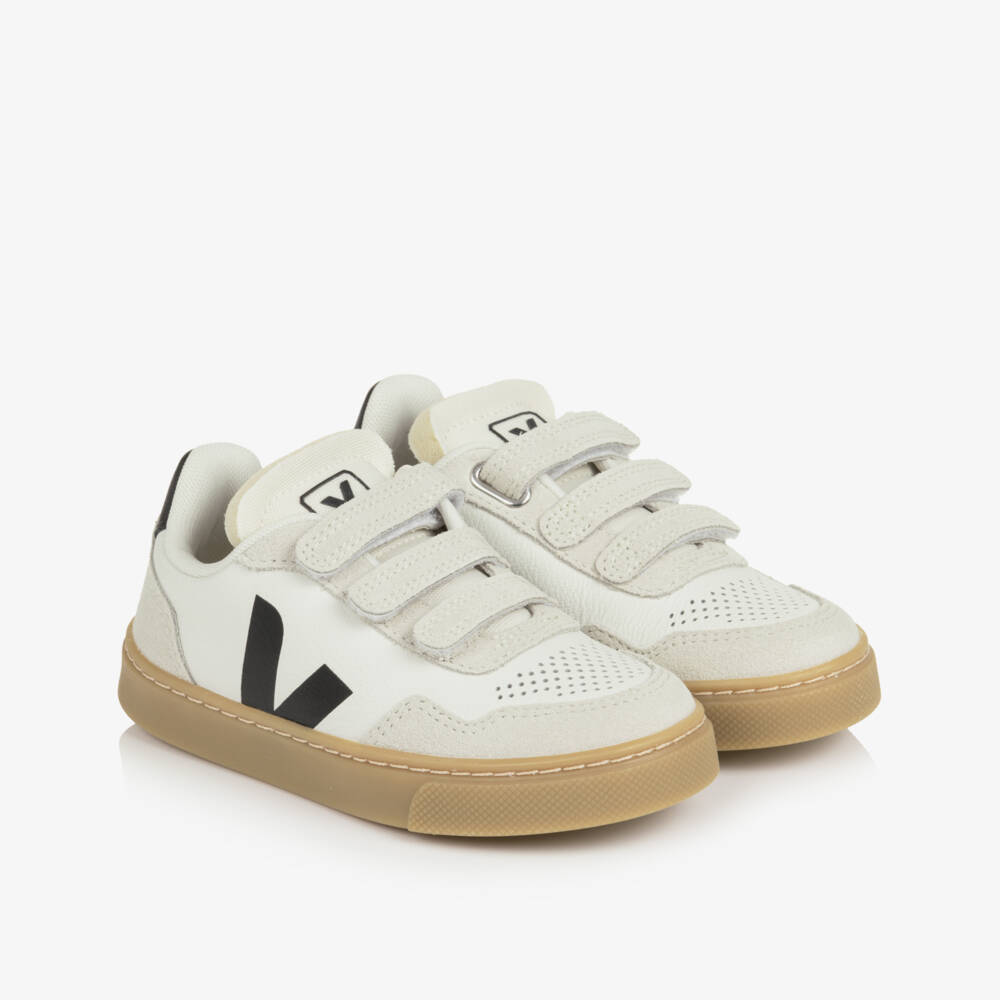 VEJA-White & Black V-90 Leather Velcro Trainers | Childrensalon