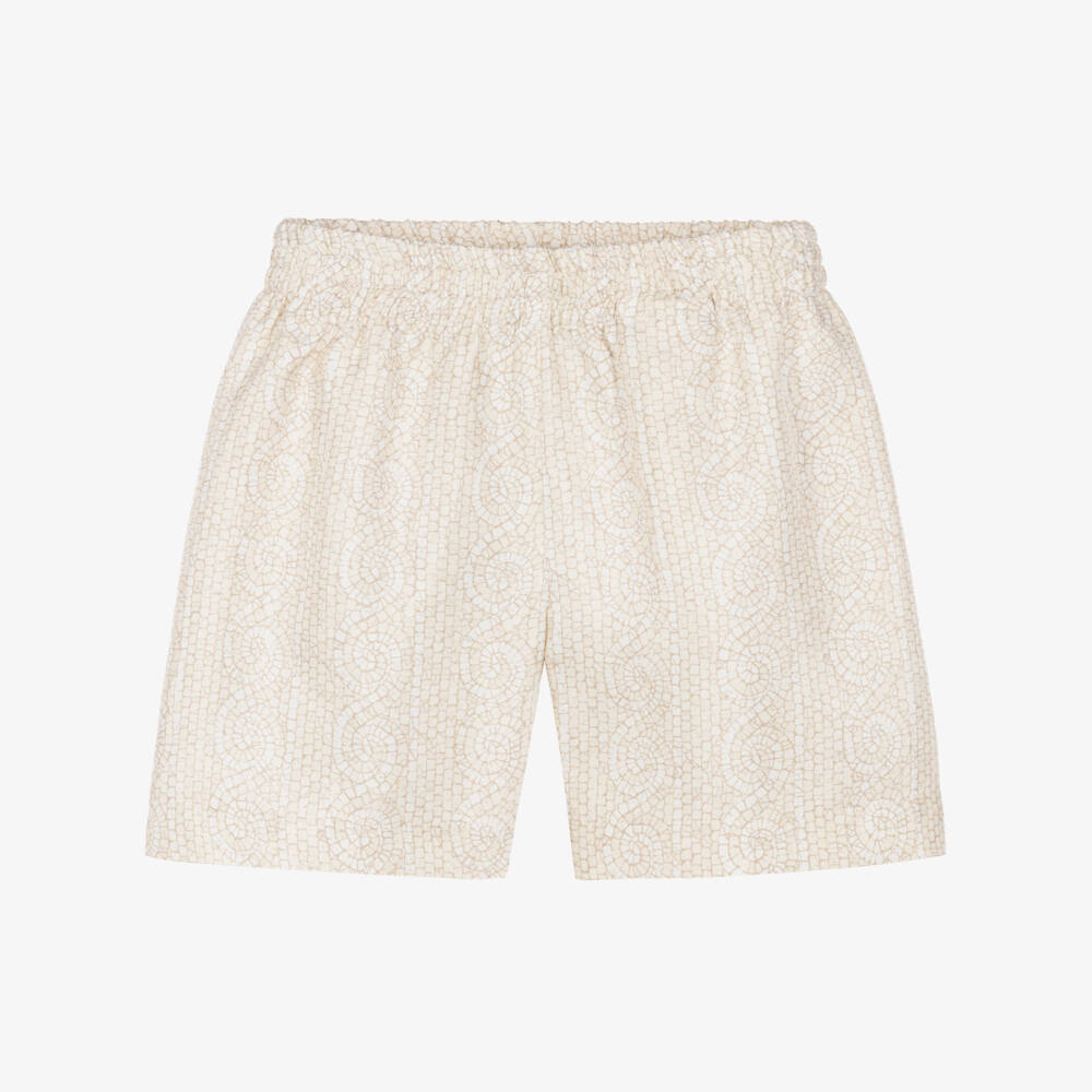 Versace-Baby Boys Ivory & Beige Greca Mosaic Silk Shorts | Childrensalon