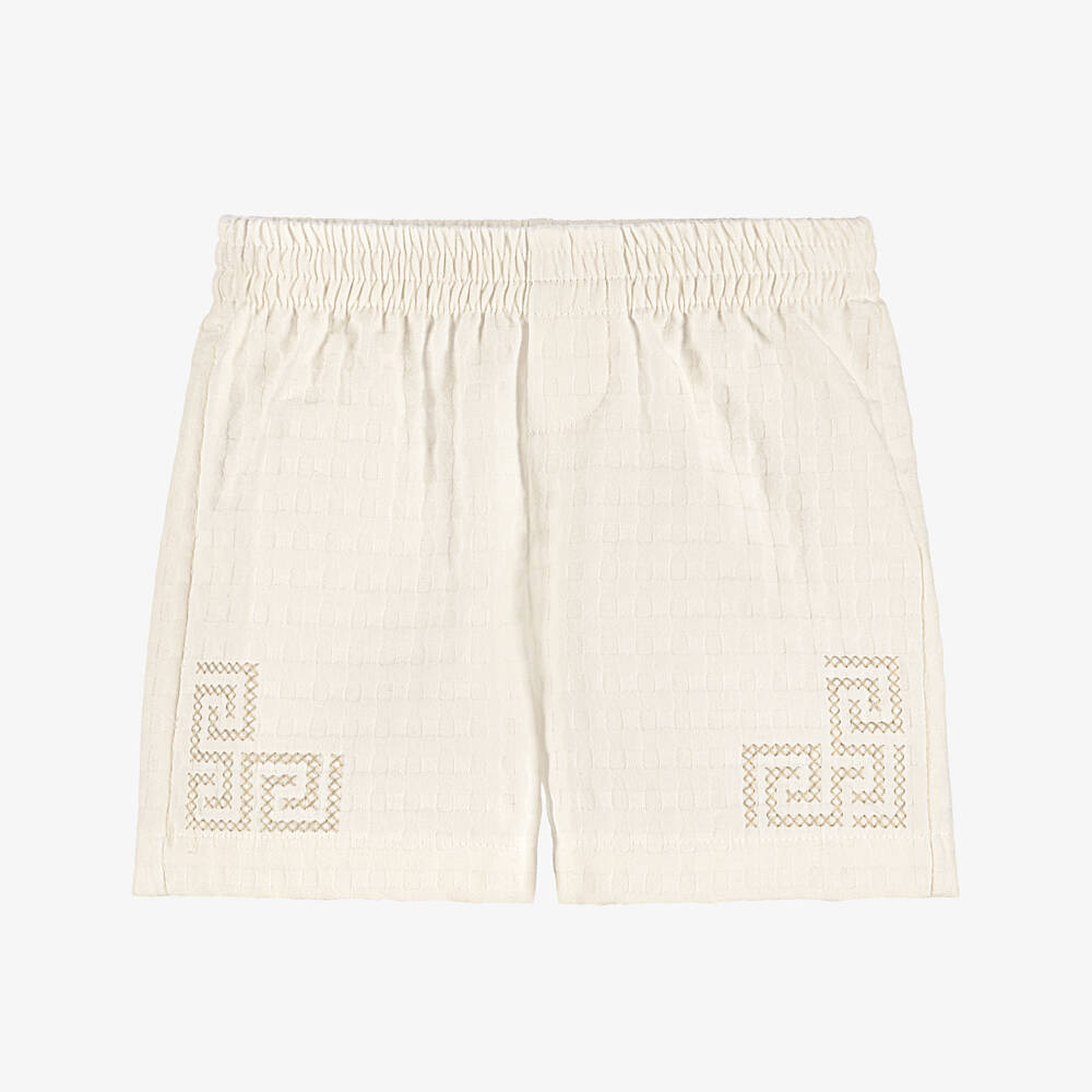 Versace-Boys Cream Textured Cotton Shorts with Greca Embroidery | Childrensalon