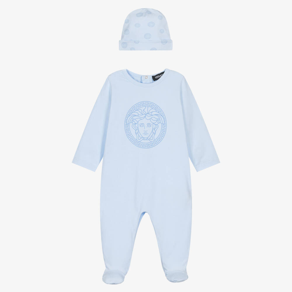 Versace-Boys Pale Blue Babysuit Gift Set with Medusa Logo | Childrensalon