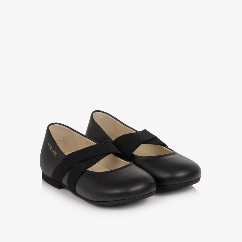Versace-Girls Black Leather Ballerina Flats With Criss Cross Straps | Childrensalon